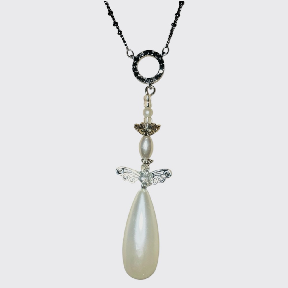 Pearl Teardrop Pendant Necklace with Angel Wing Detail Upcycled Handmade